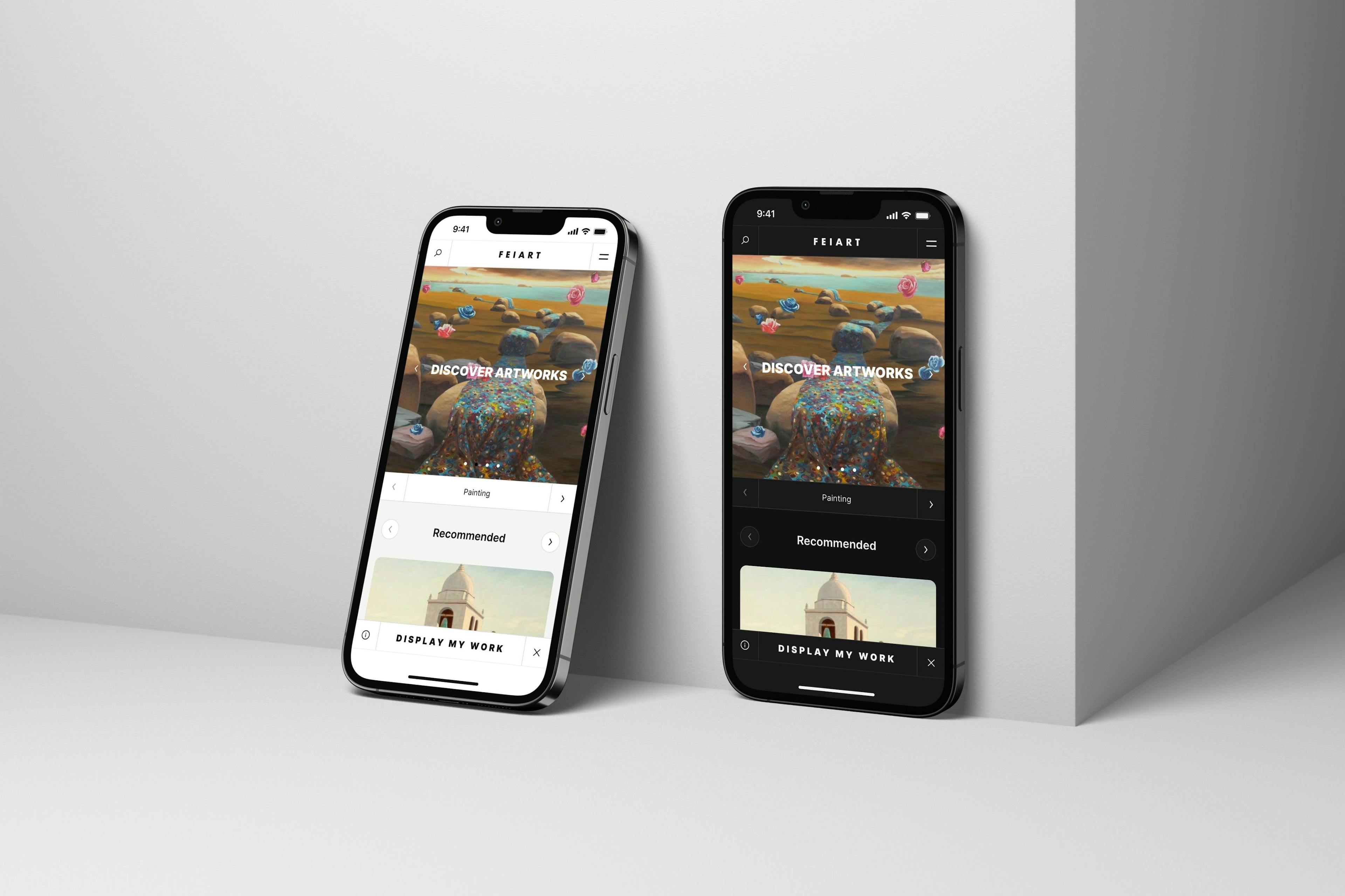 FEIART's responsive website design on iPhone 13 mockups