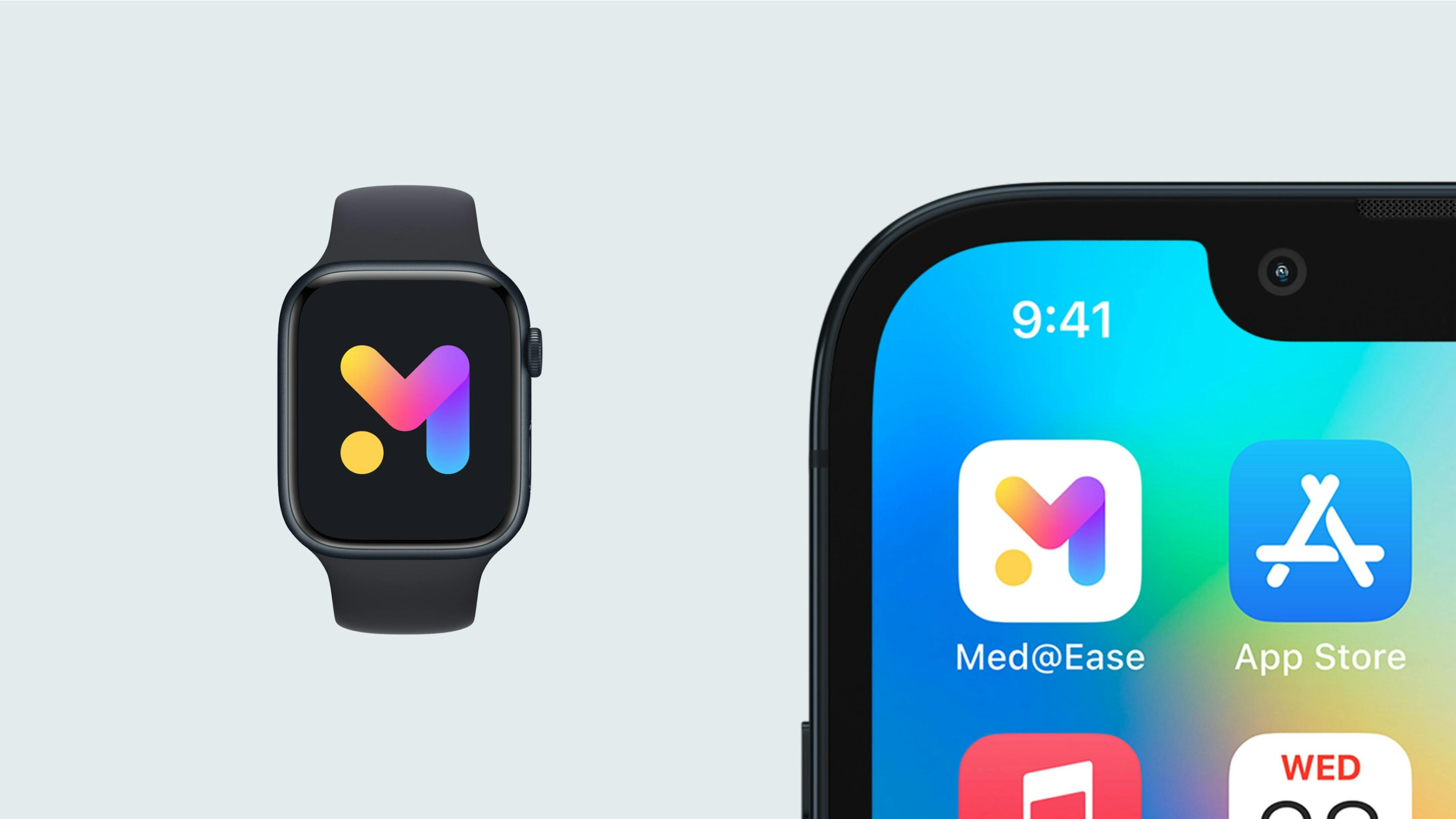 Showcasing Med@Ease's logo and app icon design on iPhone 13 and iWatch mockups