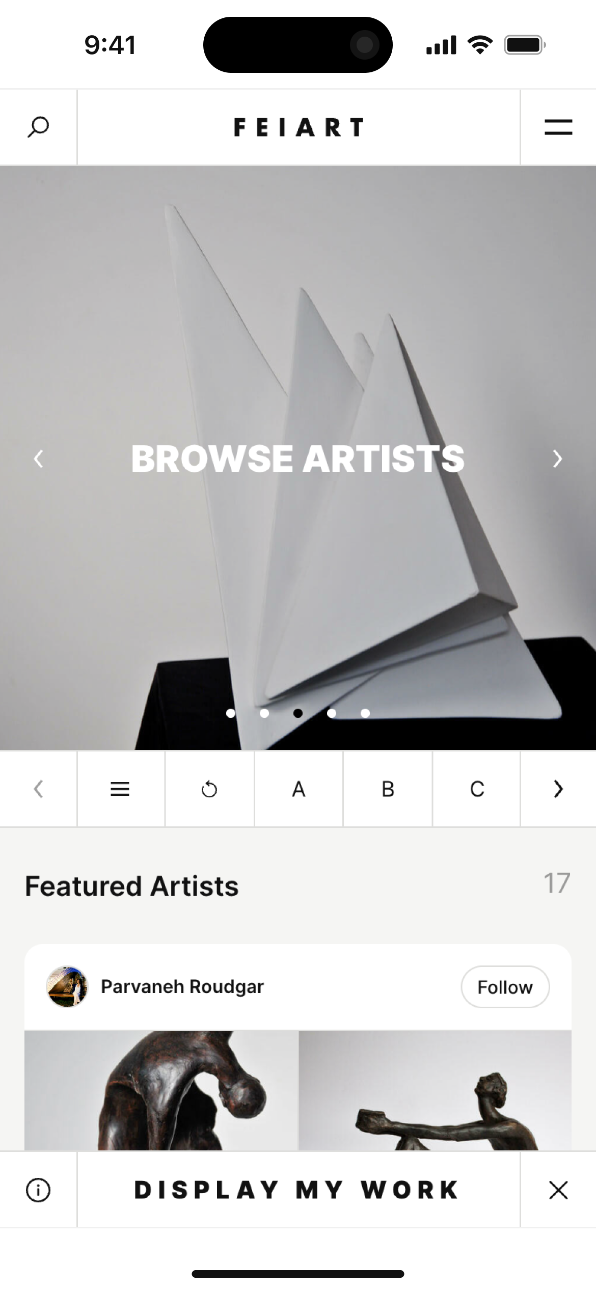 FEIART's responsive website design on a iPhone 14 mockup